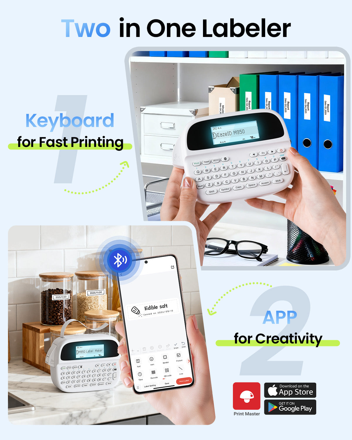Label Maker Machine with-Tape, Rechargeable Label Maker Waterproof-Labels, Handheld Electric Label Maker with Keyboard, Backlit & Bluetooth Labeler, M950 for Home Kitchen Office School Kids Teachers