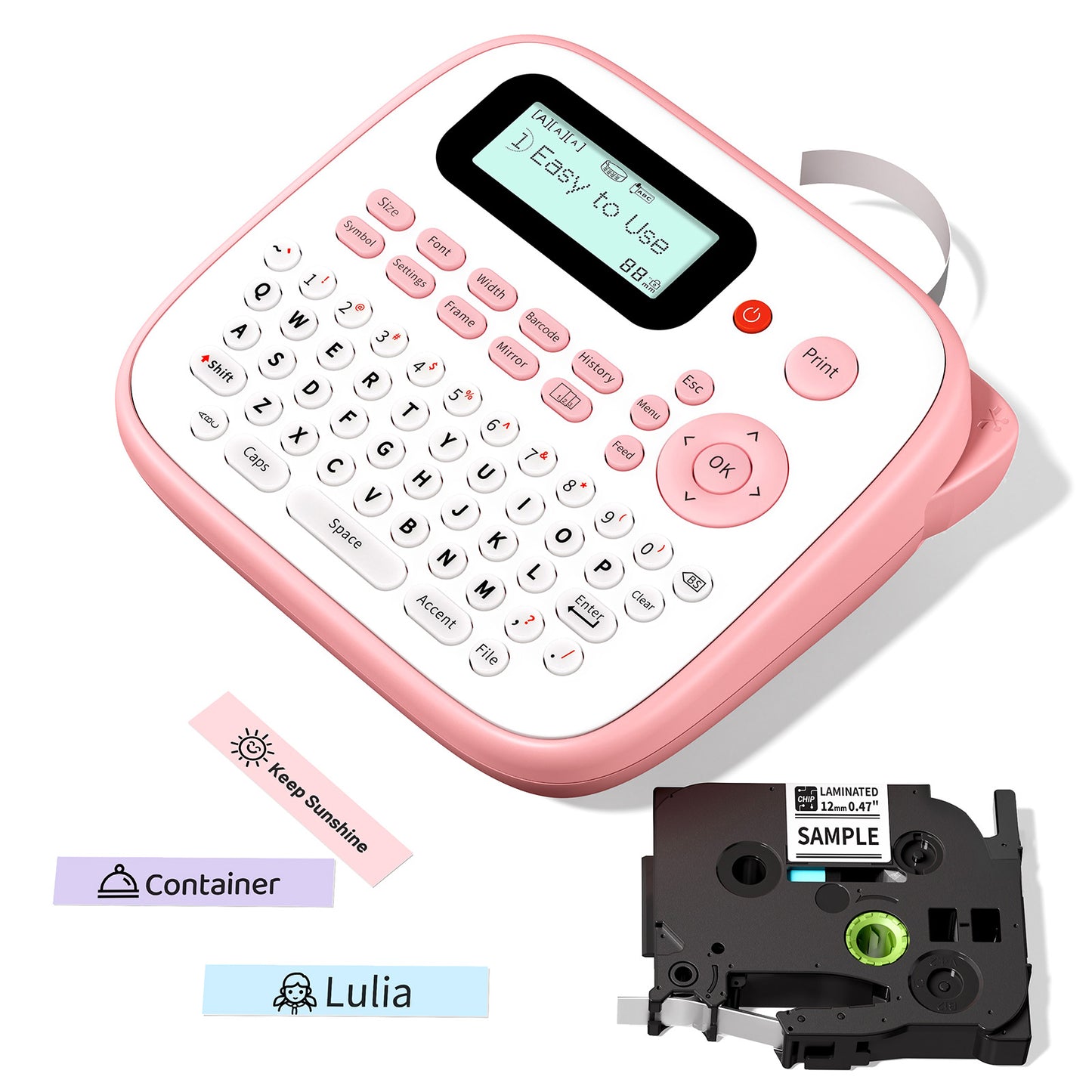 EazeID Pink Label Maker Machine with-Tape, Portable Kids Label Maker, Handheld Electric Label Maker with keyboard, D210S Easy Labeler with Multiple Fonts Frame Barcode for Home Office School Supplies