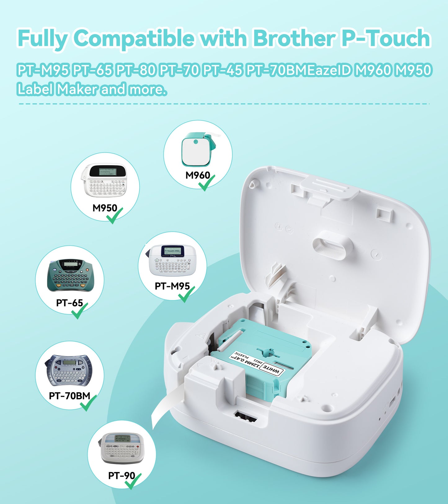 M-K231 Compatible with Brother M Tape P Touch 12mm 0.47 White M231 MK231 M-K231s Label Tape, Work with Brother Ptouch PT-65 PT-M95 PT-90 PT-70 PT-80 PT-70BM PT-45 Label Maker, M950 Label Maker Refills